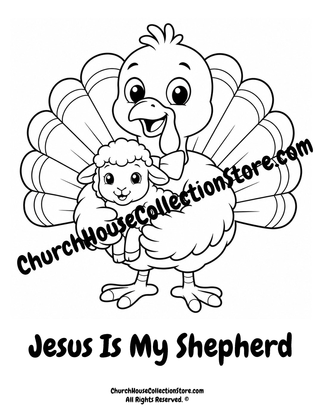 Turkey Jesus Is My Shepherd printable Christian coloring page holding a lamb for preschool, kindergarten, homeschool, and Sunday School.
