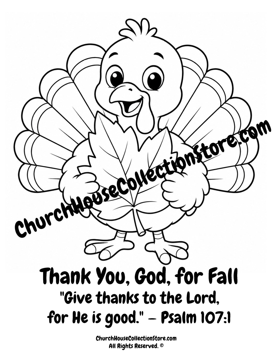 Turkey Thank You, God, for Fall printable Christian coloring page holding a fall leaf for preschool, kindergarten, homeschool, and Sunday School.