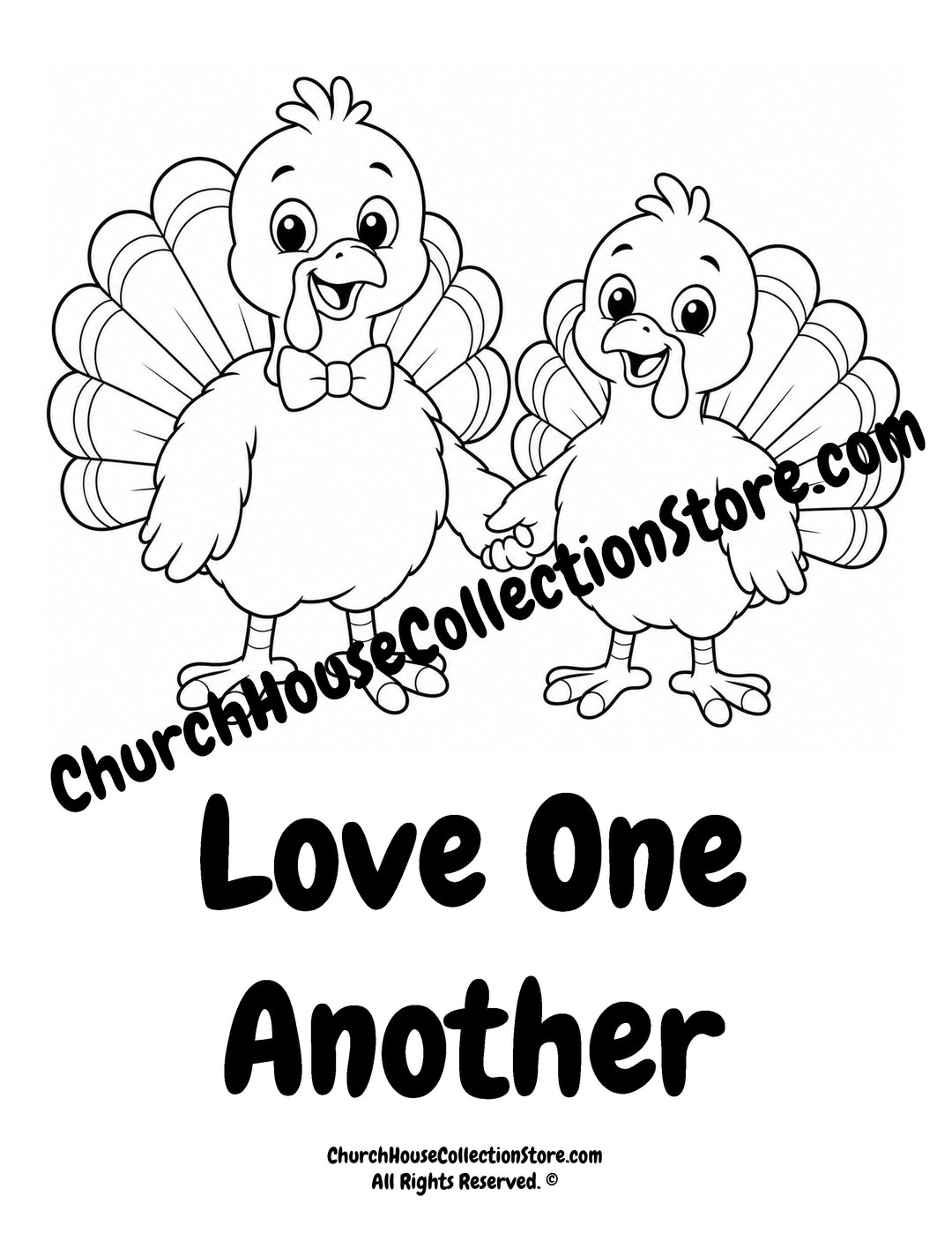 Turkey Love One Another printable Christian coloring page with two turkeys for preschool, kindergarten, homeschool, and Sunday School.