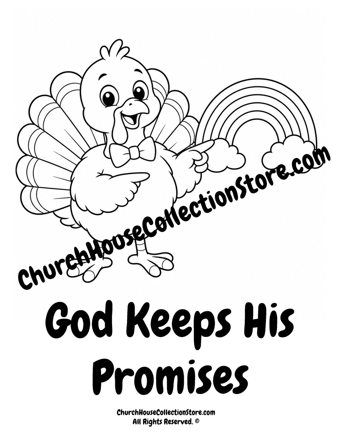Turkey God Keeps His Promises printable Christian coloring page pointing to a rainbow for preschool, kindergarten, homeschool, and Sunday School.