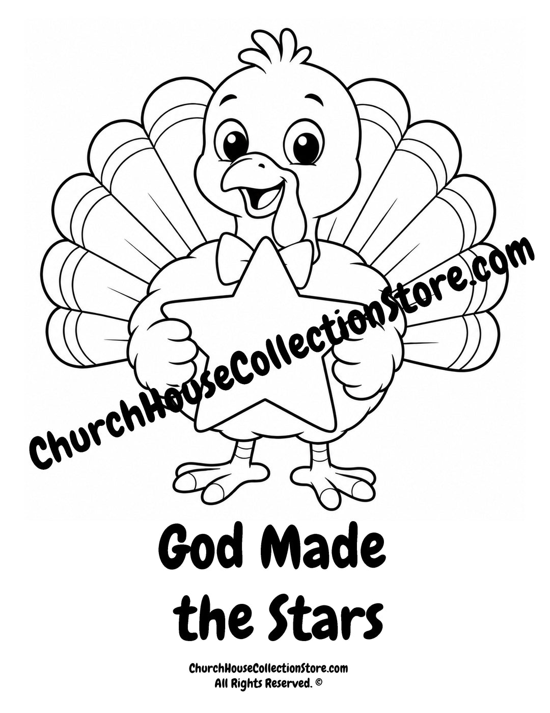 Turkey God Made the Stars printable Christian coloring page holding a star for preschool, kindergarten, homeschool, and Sunday School.