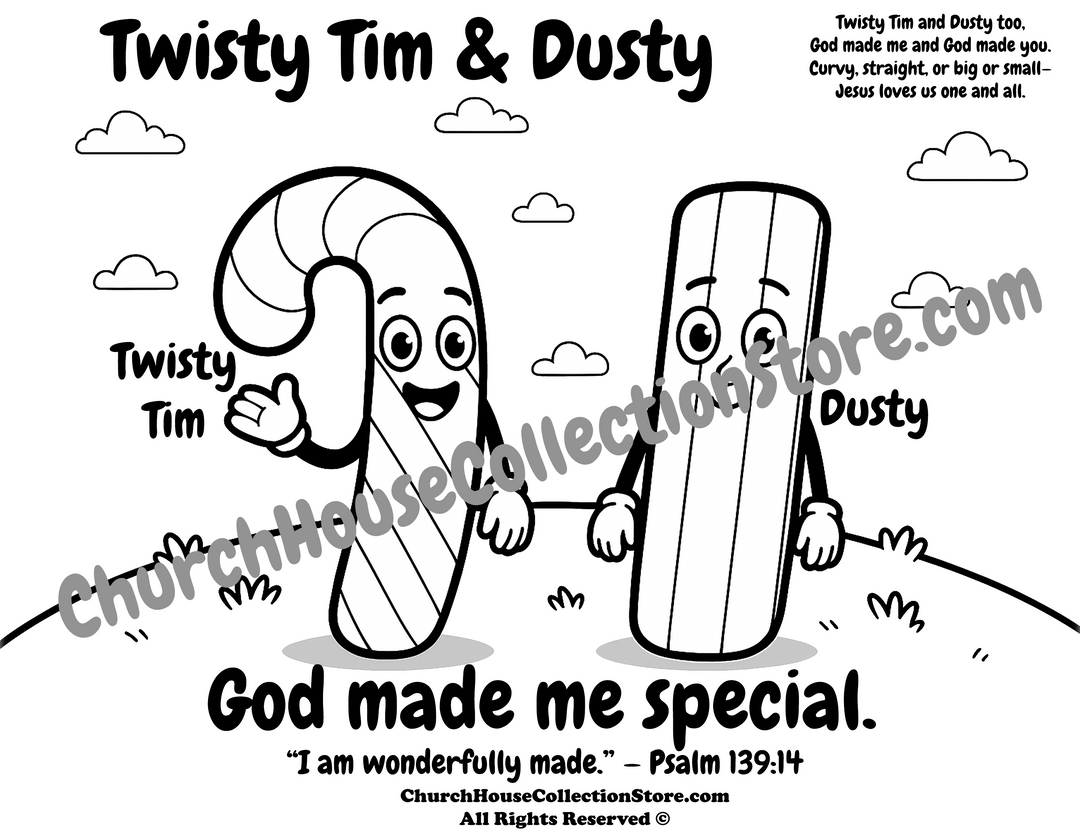 Twisty Tim &amp; Dusty Candy Cane Christmas Bible Coloring Page by ChurchHouseCollectionStore.com