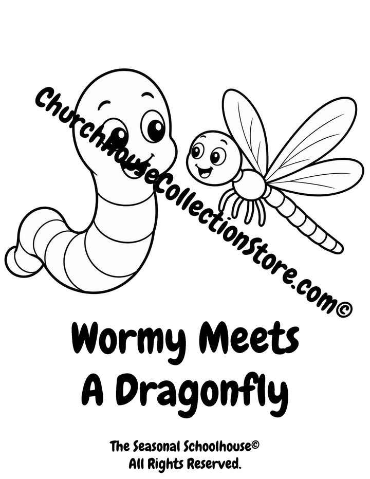 Wormy meeting a friendly dragonfly printable preschool garden friends coloring page