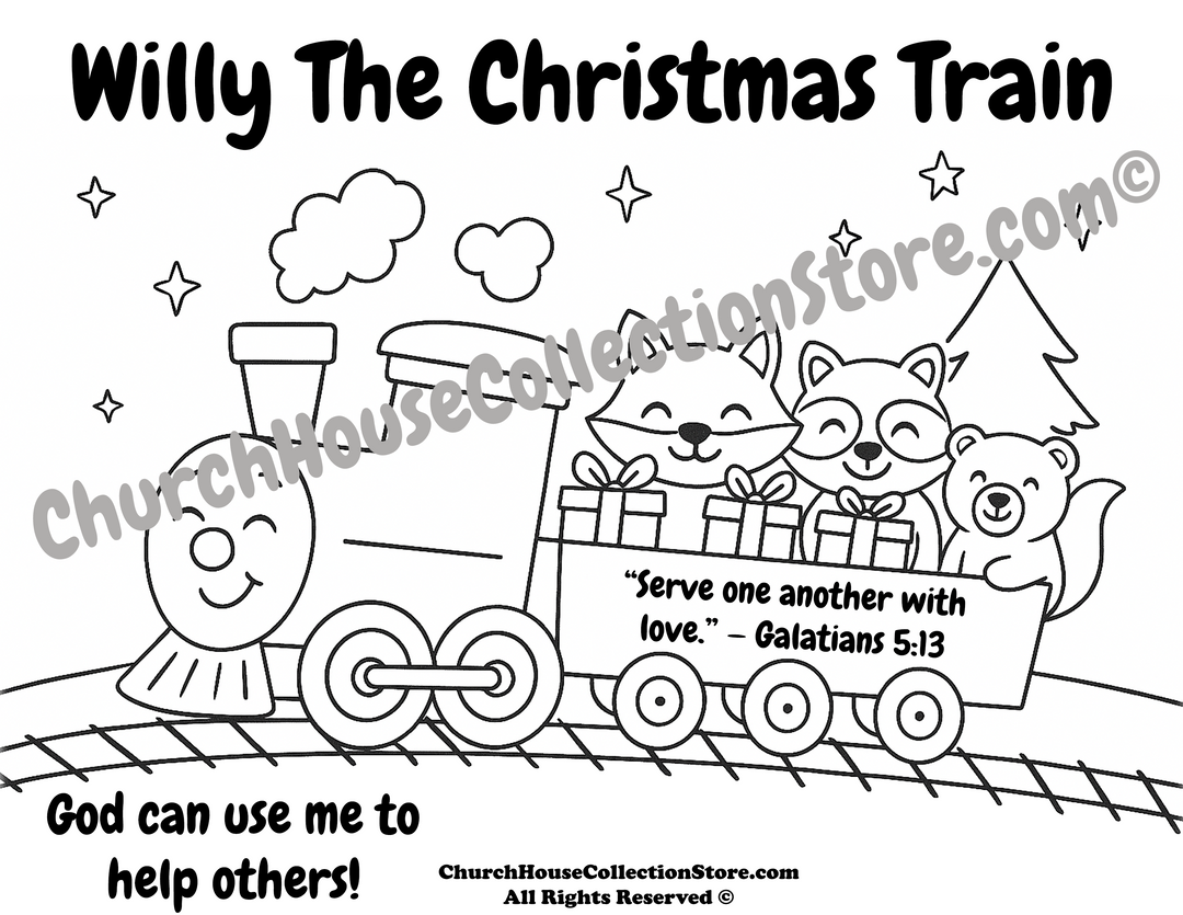 Willy the Christmas Train Bible Coloring Page For Bible Lesson by ChurchHouseCollectionStore.com.