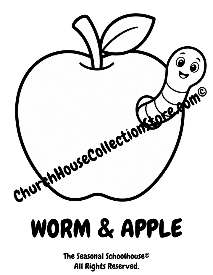 Printable Worm and Apple Coloring Page with Wormy featuring a friendly worm beside a large apple with bold outlines for preschool vocabulary learning, apple themes, and early literacy activities.