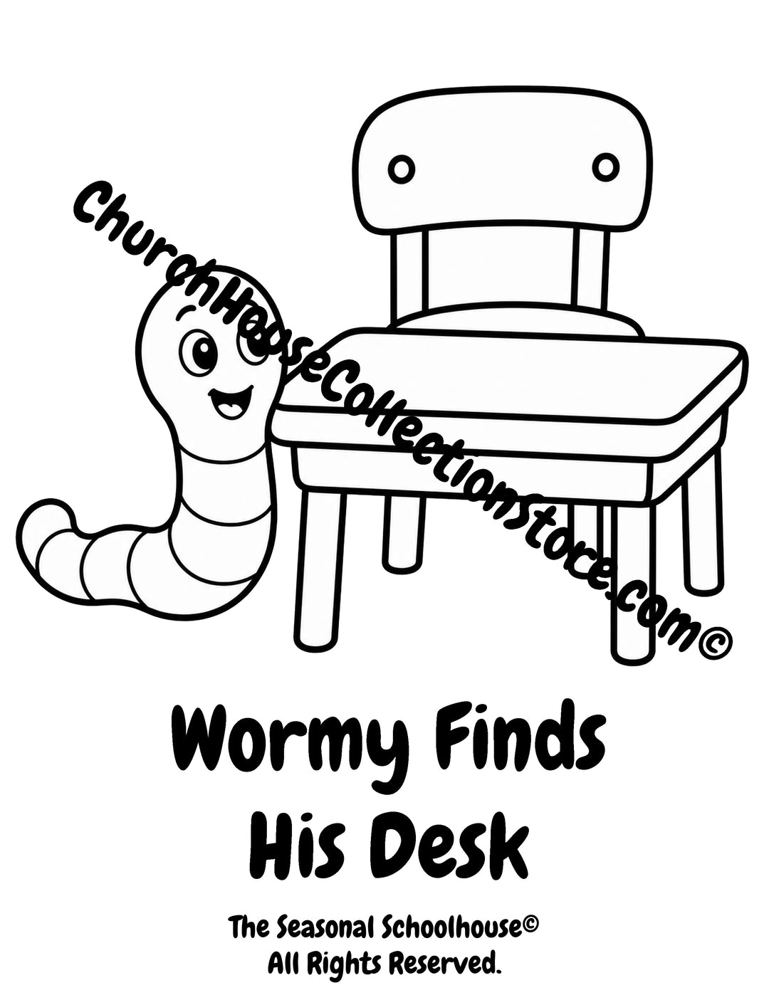 Wormy standing beside his classroom desk printable preschool coloring page for first day of school activities