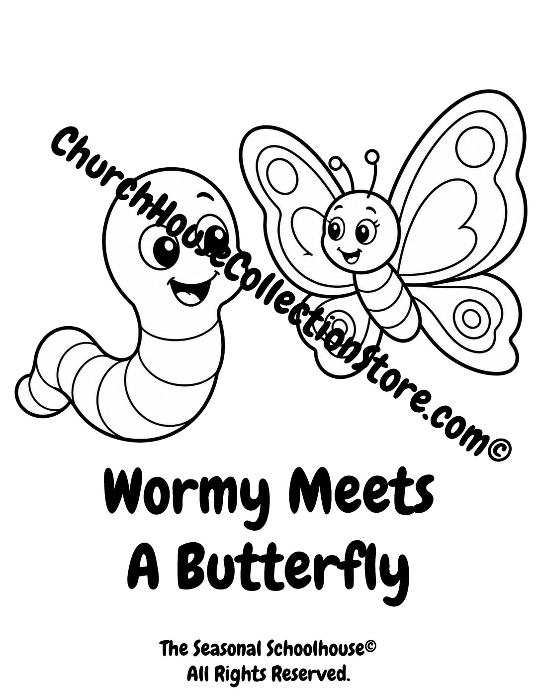 Wormy meeting a friendly butterfly printable preschool garden bugs coloring page