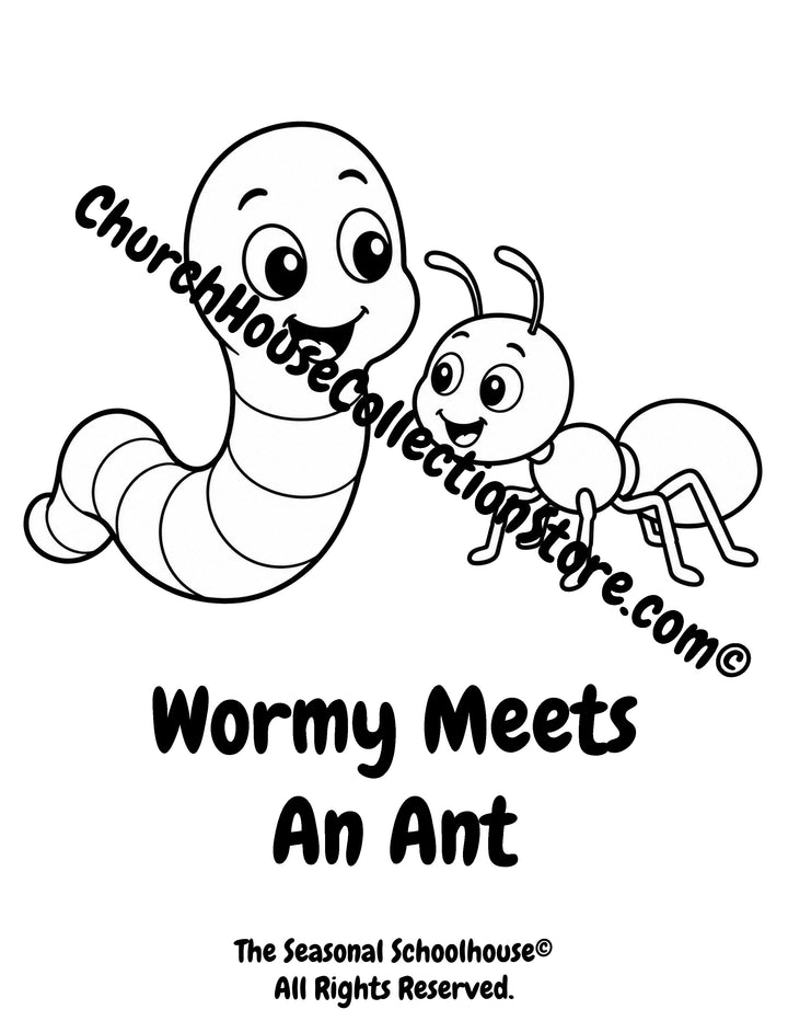 Wormy meeting a friendly ant printable preschool garden friends coloring page
