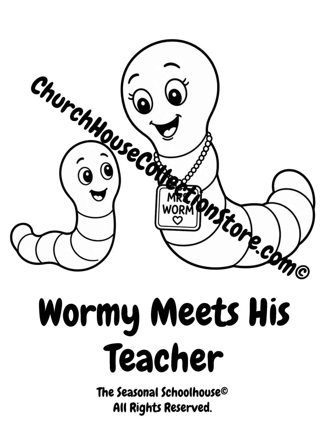 Wormy meeting his teacher Mrs. Worm printable preschool coloring page for first day of school activities