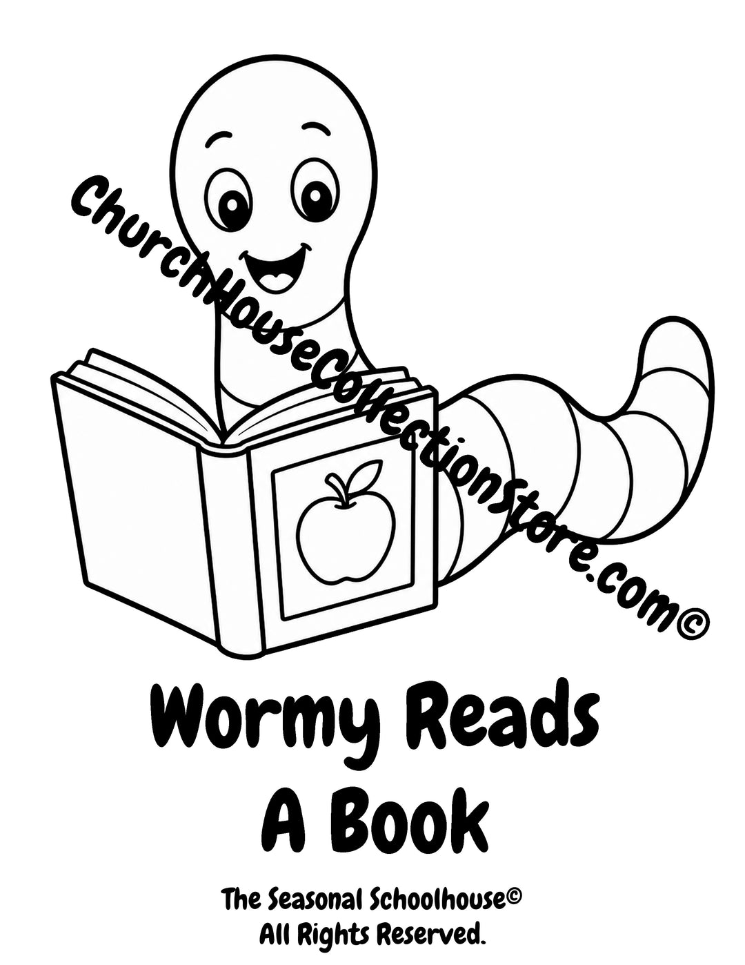 Wormy reading a book printable preschool coloring page for back-to-school and early literacy activities