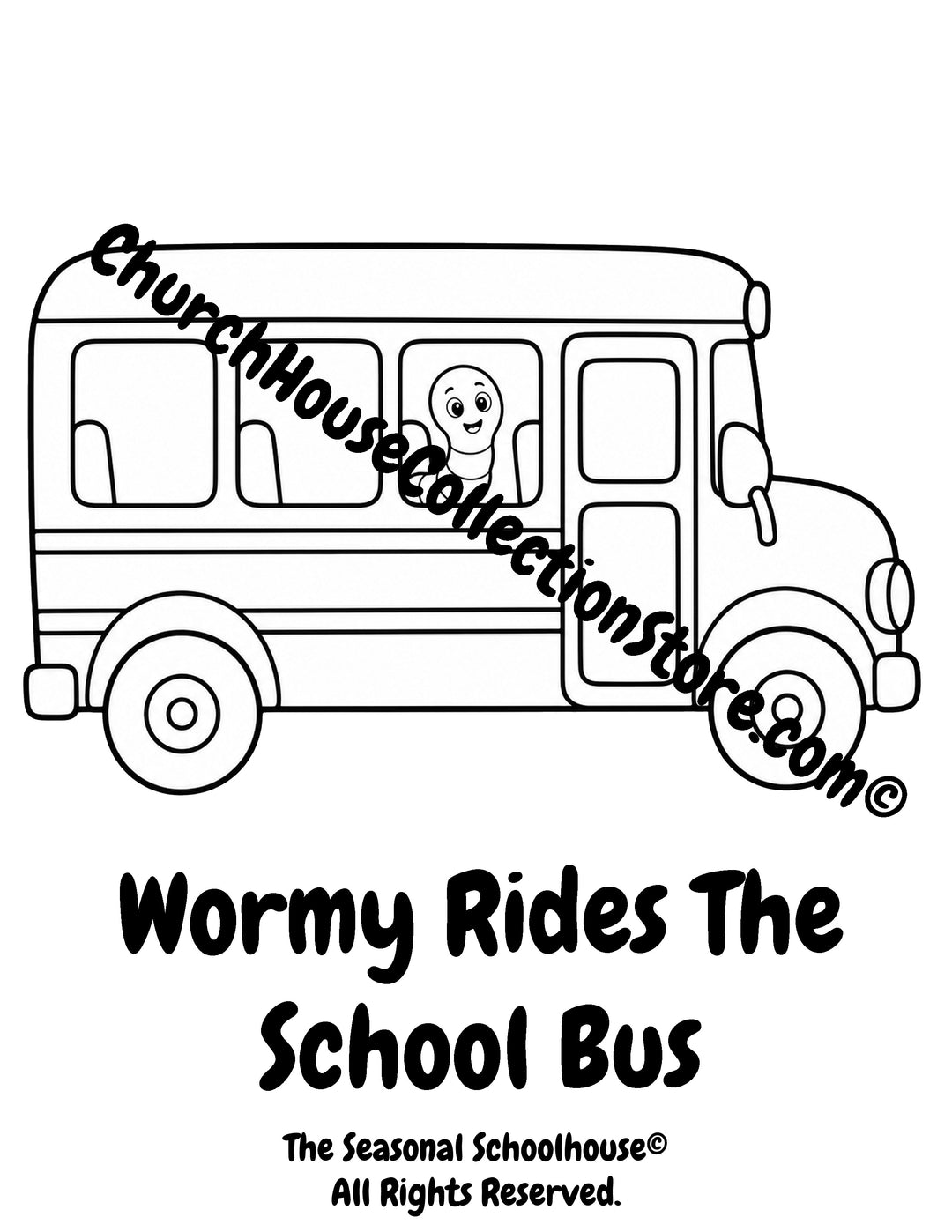 Cute Wormy the worm riding a school bus printable coloring page for preschool, Pre-K, and kindergarten first day of school activities