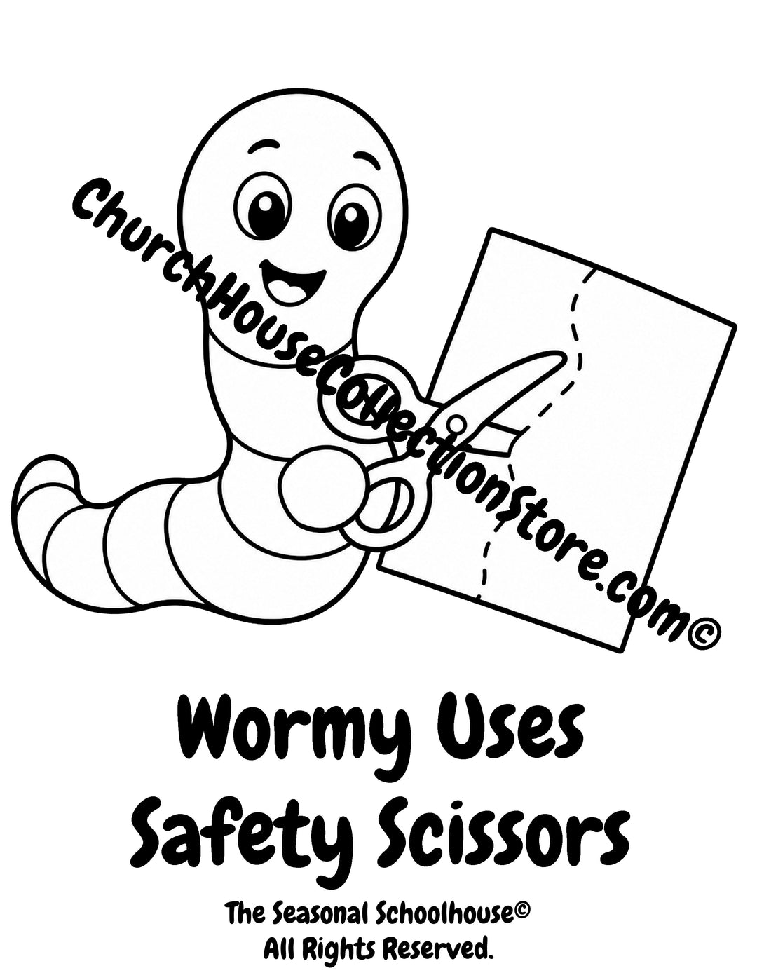 Wormy using safety scissors to cut paper printable preschool coloring page for back-to-school activities