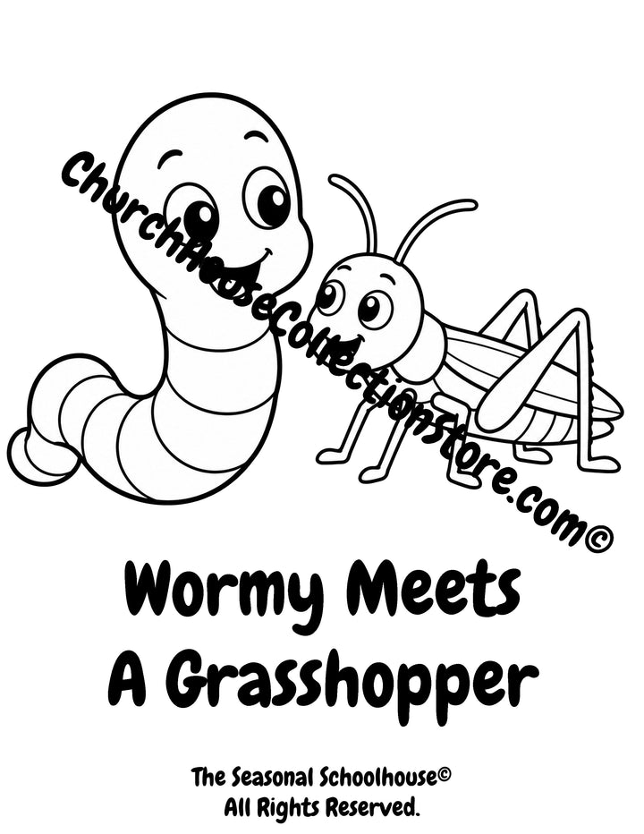 Wormy meeting a friendly grasshopper printable preschool garden friends coloring page