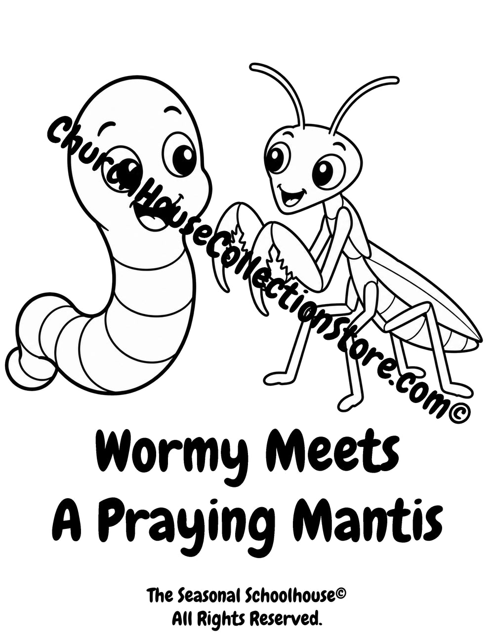 Wormy meeting a friendly praying mantis printable preschool garden friends coloring page