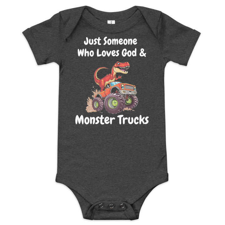 Just Someone Who Loves God & Monster Trucks Dinosaur Christian Baby One Piece Outfit