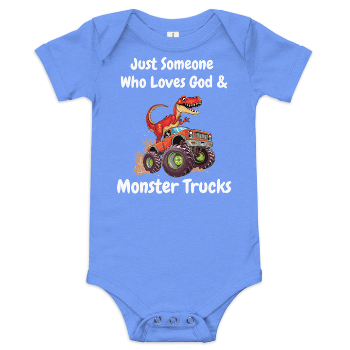 Just Someone Who Loves God & Monster Trucks Dinosaur Christian Baby One Piece Outfit