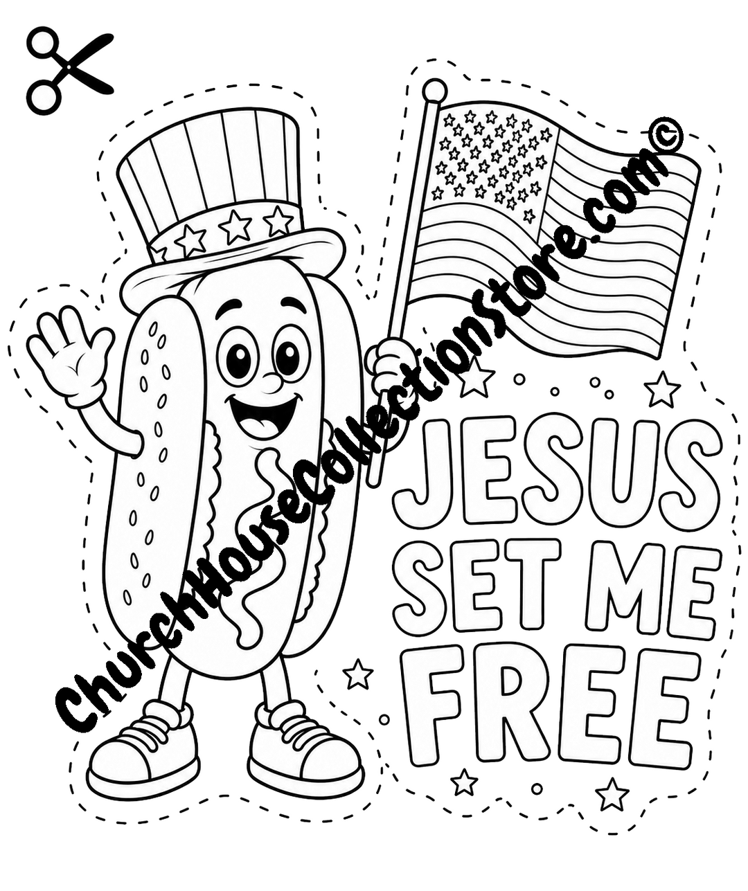 Jesus Set Me Free Hot Dog Coloring Page Craft – Fourth of July Bible Craft Cutout for Preschool and Toddlers