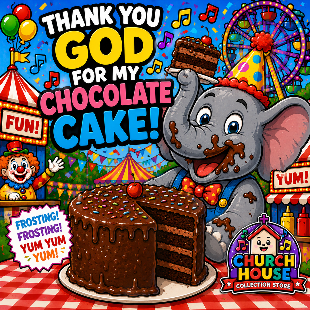 Thank You God For My Chocolate Cake! – Silly Toddler Chant Song (MP3 Download) by ChurchHouseCollectionstore.com Elephant with birthday hat on eating chocolate cake at fair music