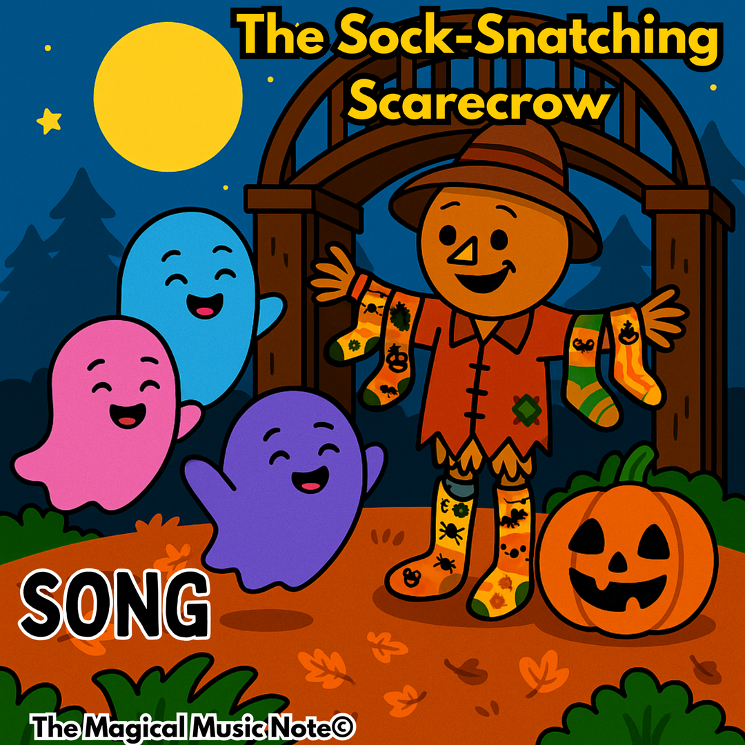 The Sock-Snatching Scarecrow Halloween Song MP3 Download) by The Magical Music Note on ChurchHouseCollectionStore.com Three ghosts blue, pink and purple.