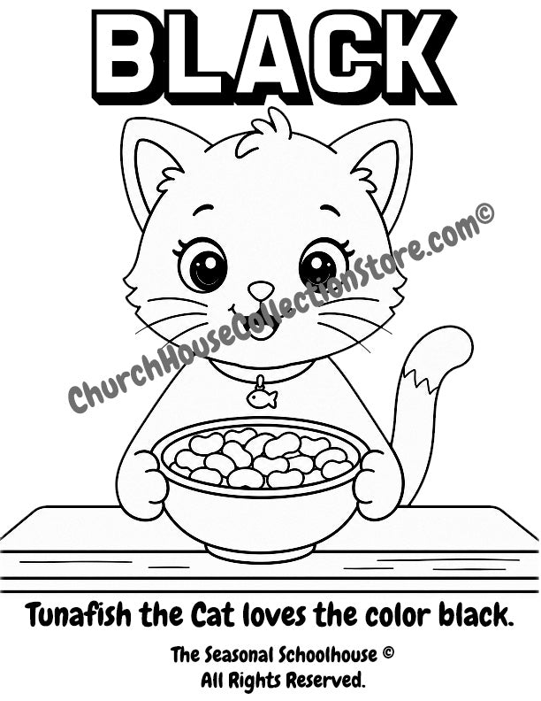 Tunafish the Cat Learns the Color Black – Black Beans Coloring Page

Help your little learner discover the color black with this adorable Tunafish the Cat coloring page! In this printable activity, Tunafish sits at her special table holding a bowl of black beans while children color the picture and learn to recognize the color black.