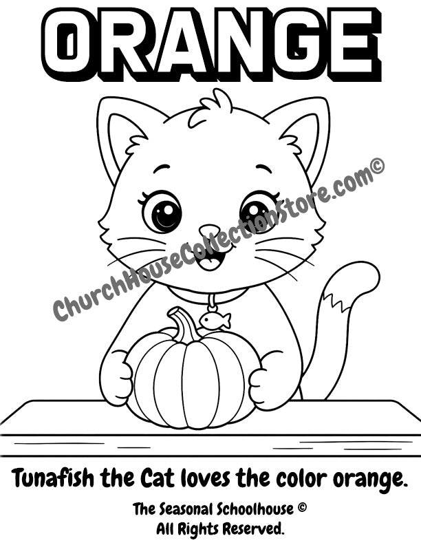 Tunafish the Cat Learns the Color Orange – Pumpkin Coloring Page

Help your little learner discover the color orange with this adorable Tunafish the Cat coloring page! In this printable activity, Tunafish sits at her special table holding a large pumpkin while children color the picture and learn to recognize the color orange.