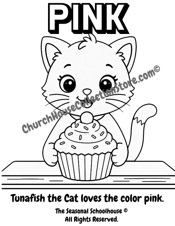 Tunafish the Cat Learns the Color Pink – Cupcake Coloring Page

Help your little learner discover the color pink with this adorable Tunafish the Cat coloring page! In this printable activity, Tunafish sits at her special table holding a giant cupcake while children color the picture and learn to recognize the color pink.