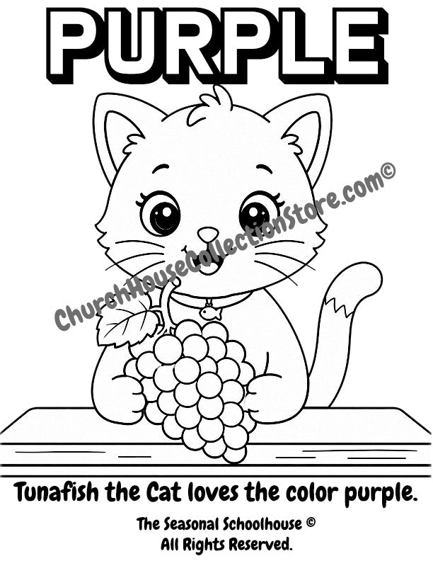 Tunafish the Cat Learns the Color Purple – Grape Coloring Page

Help your little learner discover the color purple with this adorable Tunafish the Cat coloring page! In this printable activity, Tunafish sits at her special table holding a large bunch of grapes while children color the picture and learn to recognize the color purple.