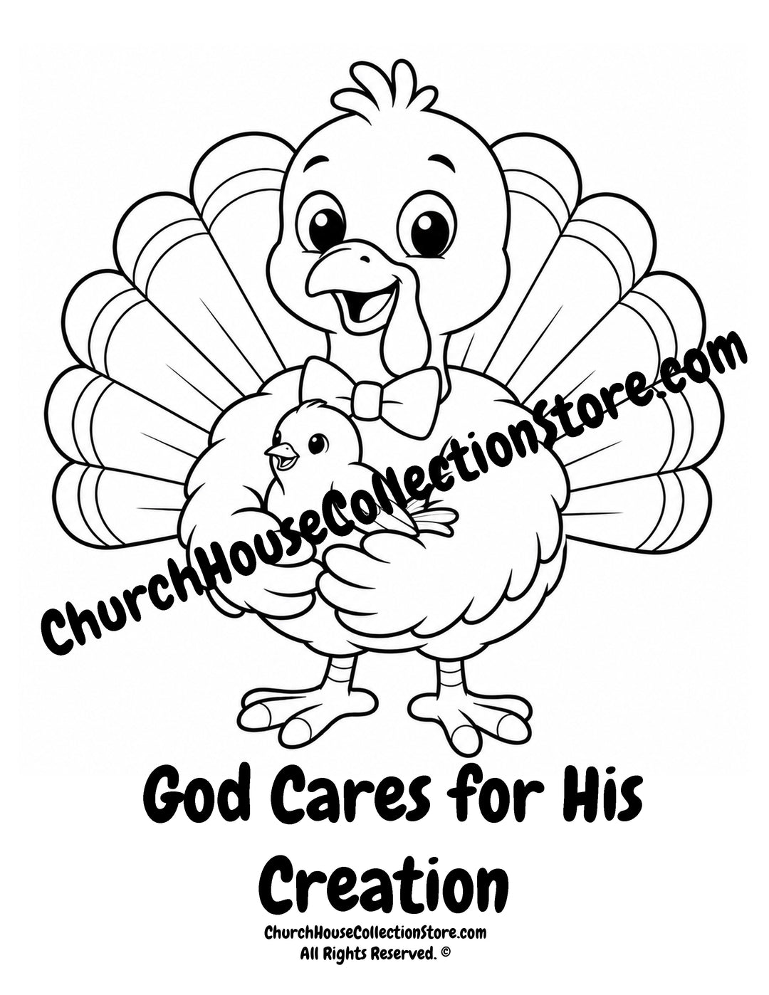 Turkey God Cares for His Creation printable Christian coloring page holding a bird for preschool, kindergarten, homeschool, and Sunday School.