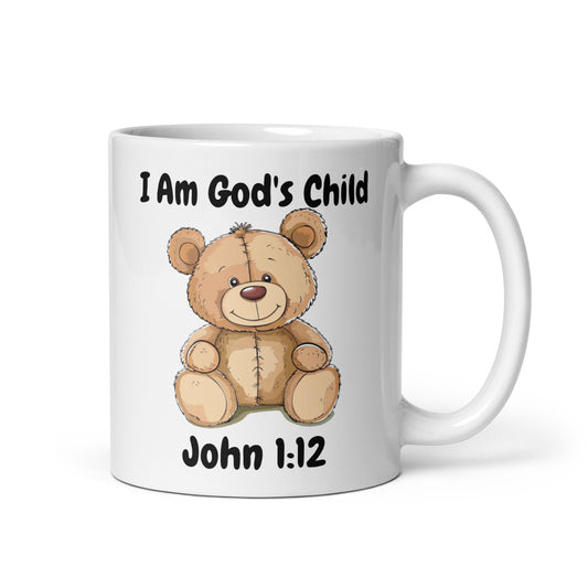 I Am God's Child John 1:12 Teddy Bear White Glossy Mug